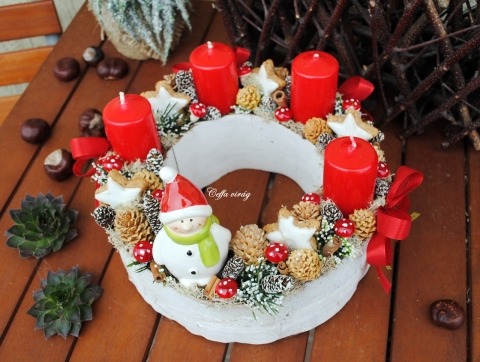 Ceffa - Kéreg alapos adventi koszorú hóemberrel, Meska Ceffa - Kéreg alapos adventi koszorú hóemberrel, Meska