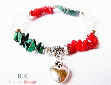 Brjewelrydesign - Vörös korall, malahit, hegyikristály ásványkarkötő, Meska