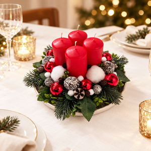 Adventi asztaldísz piros, Karácsony, Adventi díszek, Adventi koszorú, Virágkötés, MESKA
