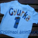 Névre szóló születésnapi body/póló, Baba-mama-gyerek, Ruha, divat, cipő, Baba-mama kellék, Gyerekruha, Varrás, Egyedi születésnapi ajándék!
Gyurka ebben a pólóban ünnepelte az első születésnapját, vidáman feszít..., Meska