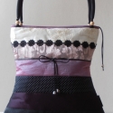 ARTBAG-AKCIÓ!! fekete -padlizsánlila -lila táska fekete csipkevirágokkal, Táska, Válltáska, oldaltáska, Varrás,   Fekete -padlizsán lila-világos lila , -drapp csíkokból összeállított Taft  táska , megkötővel,csip..., Meska