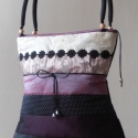 ARTBAG-AKCIÓ!! fekete -padlizsánlila -lila táska fekete csipkevirágokkal, Táska, Válltáska, oldaltáska, Varrás,   Fekete -padlizsán lila-világos lila , -drapp csíkokból összeállított Taft  táska , megkötővel,csip..., Meska