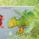 Mesesárkány, Dekoráció, Otthon, lakberendezés, Kép, Decoupage, szalvétatechnika, 10x10 cm-es csempére szalvétatechnikával készítettem el, ezt a kedves sárkányt. Akaszthatod falra, b..., Meska