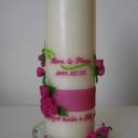 pink rózsa mintás esküvői gyertya, nászajándék , Otthon, lakberendezés, Dekoráció, Gyertya, mécses, gyertyatartó, Ünnepi dekoráció, Pinkeszter megrendelésére készítettem a képen látható gyertyát, melyet pink és zöld szinű viaszfóliá..., Meska