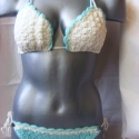 horgolt bikini gyöngyökkel, Ruha, divat, cipő, Női ruha, Fürdőruha, Tiszta pamut,türkizkék-fehér kombinációjú kézzel horgolt bikini, alsó része gyöngyökkel díszített. 3..., Meska