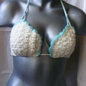 horgolt bikini gyöngyökkel, Ruha, divat, cipő, Női ruha, Fürdőruha, Tiszta pamut,türkizkék-fehér kombinációjú kézzel horgolt bikini, alsó része gyöngyökkel díszített. 3..., Meska