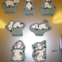 Snoopy-s hűtőmágnes szett, Dekoráció, Konyhafelszerelés, Otthon, lakberendezés, Hűtőmágnes, Újrahasznosított alapanyagból készült termékek, Decoupage, szalvétatechnika, Textilből készült hűtőmágnes szett. Mivel a mágneseken a napok is láthatók (angolul) üzenőtáblákon i..., Meska