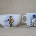 Csillagok háborúja szett, Baba-mama-gyerek, Konyhafelszerelés, Bögre, csésze, Kerámia, 4 darabból álló kész porcelán alapra,saját kézzel festett gyermek étkészlet.Porcelán festékkel tette..., Meska