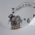 Macis esküvői készlet, Konyhafelszerelés, Dekoráció, Kerámia, Porcelán alapra kézzel festett névre szóló  mackós szett,4 darabból áll.
Kemencében,800 fokon lett t..., Meska