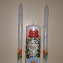 Esküvőre - kalocsai mintás gyertyák - 3 db, Dekoráció, Esküvő, Otthon, lakberendezés, Gyertya, mécses, gyertyatartó, Festészet, Gyertya-, mécseskészítés, Viaszfestéssel egyedi gyertyákat díszítek. Viaszfestő tollal - kézzel festem rá a kész gyertyákra a ..., Meska