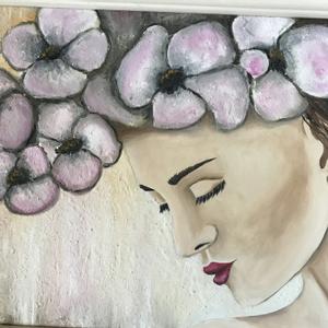 Tavasztündér, Művészet, Festmény, Olajfestmény, Festészet, 60*30 cm farostra készült gyakorló olajfestményem, 3D hatású virágokkal a hajában (paverpollal kész..., MESKA