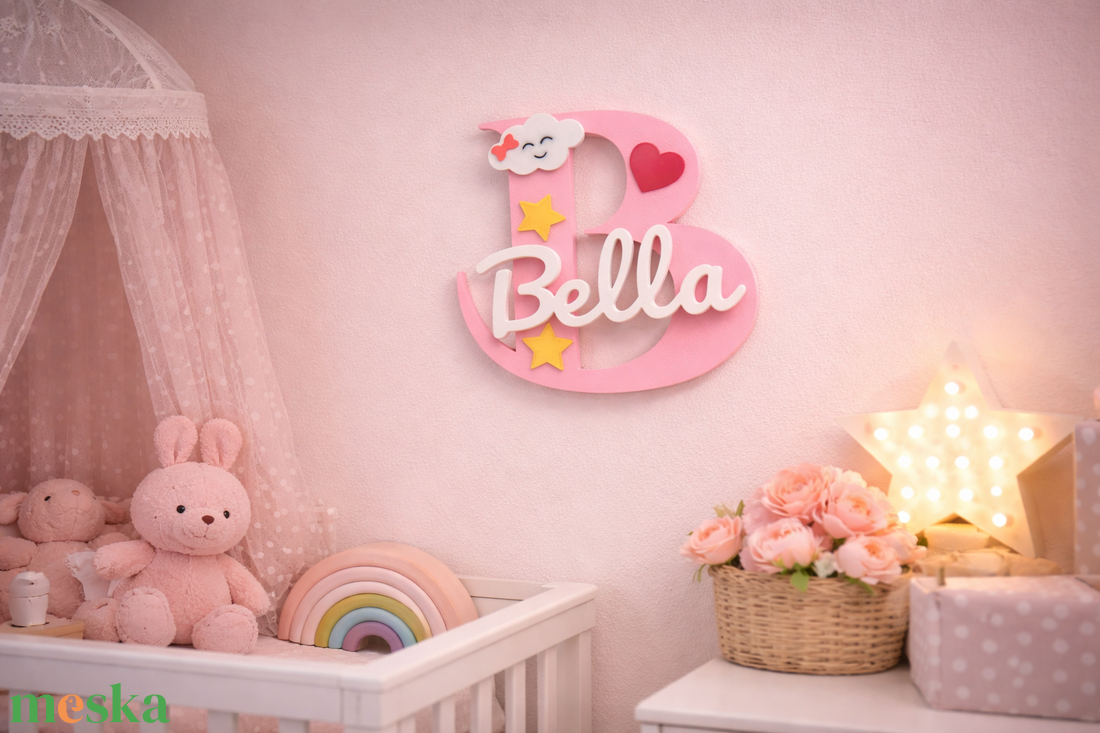 3D névtábla gyerekszobába, egyedi név + monogram,  falra vagy polcra, babaszoba dekor - baba - mama - babaszoba dekoráció - babanév dekoráció - Meska.hu
