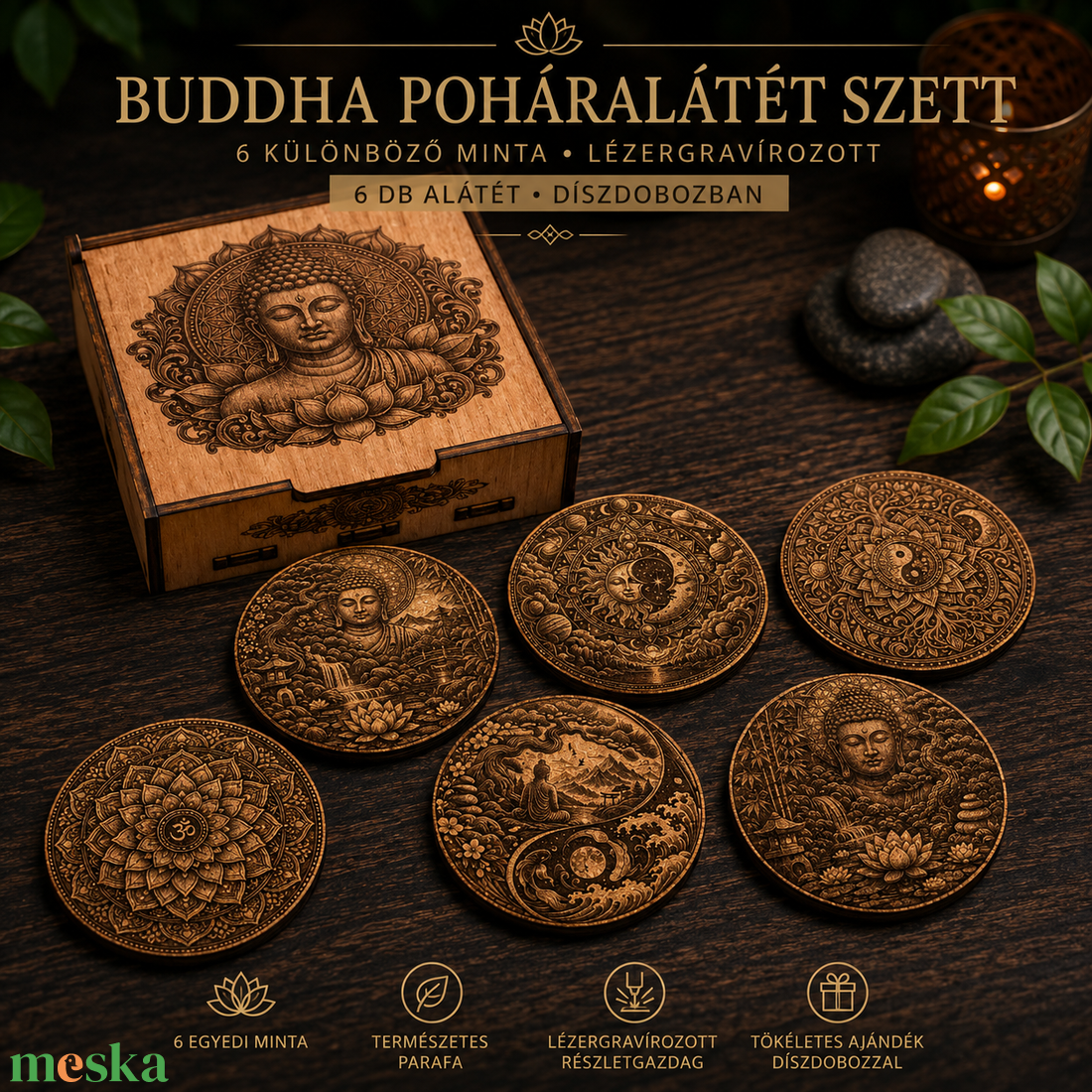Gravírozott ZEN poháralátét szett � 6 db gravírozott parafa alátét díszdobozban - otthon & életmód - konyhafelszerelés, tálalás - tálalás - tányér- és poháralátét - Meska.hu