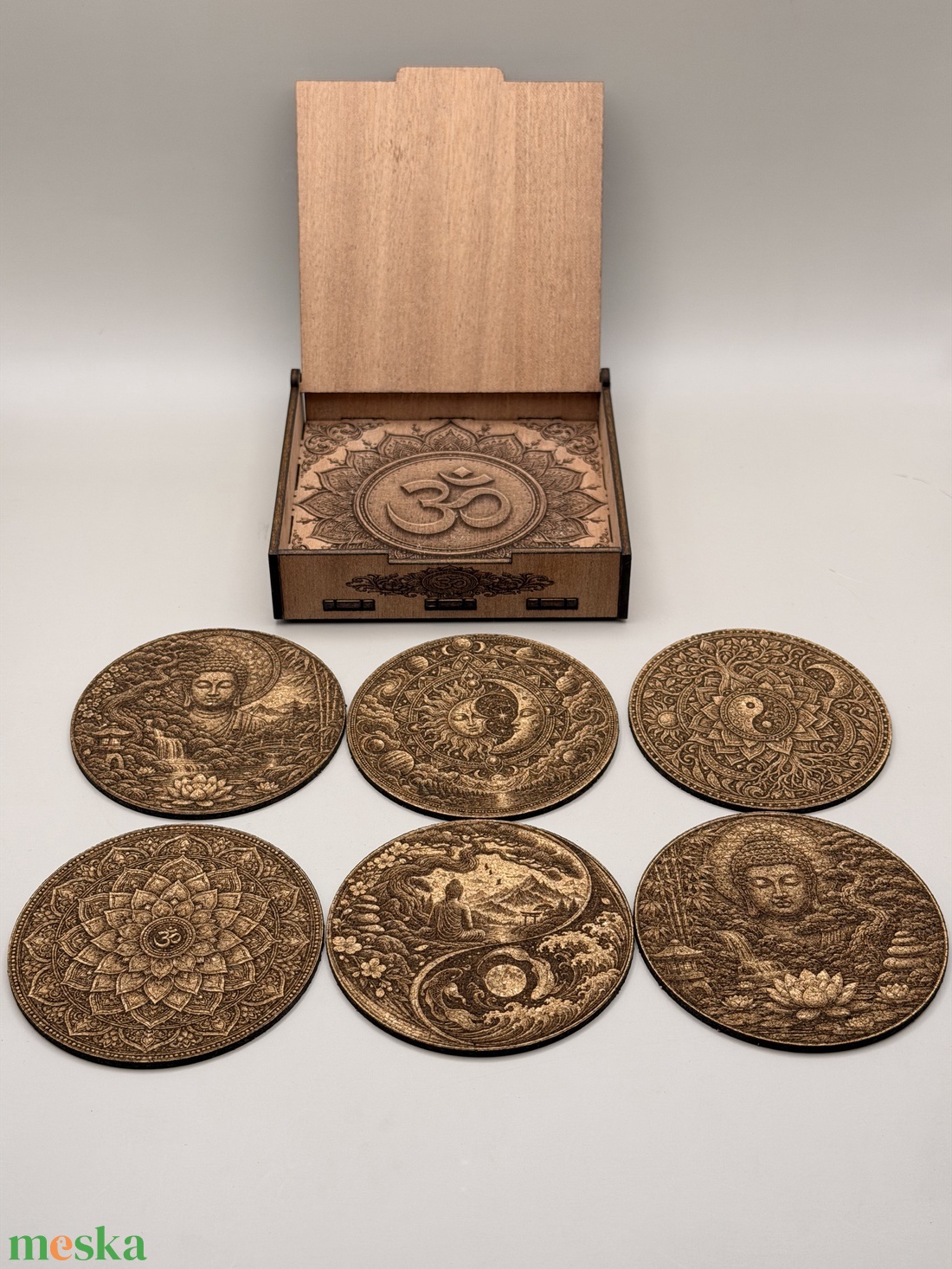 Zen Buddha � Lézergravírozott parafa poháralátét szett, 6 db-os ajándékdobozban - otthon & életmód - konyhafelszerelés, tálalás - tálalás - tányér- és poháralátét - Meska.hu