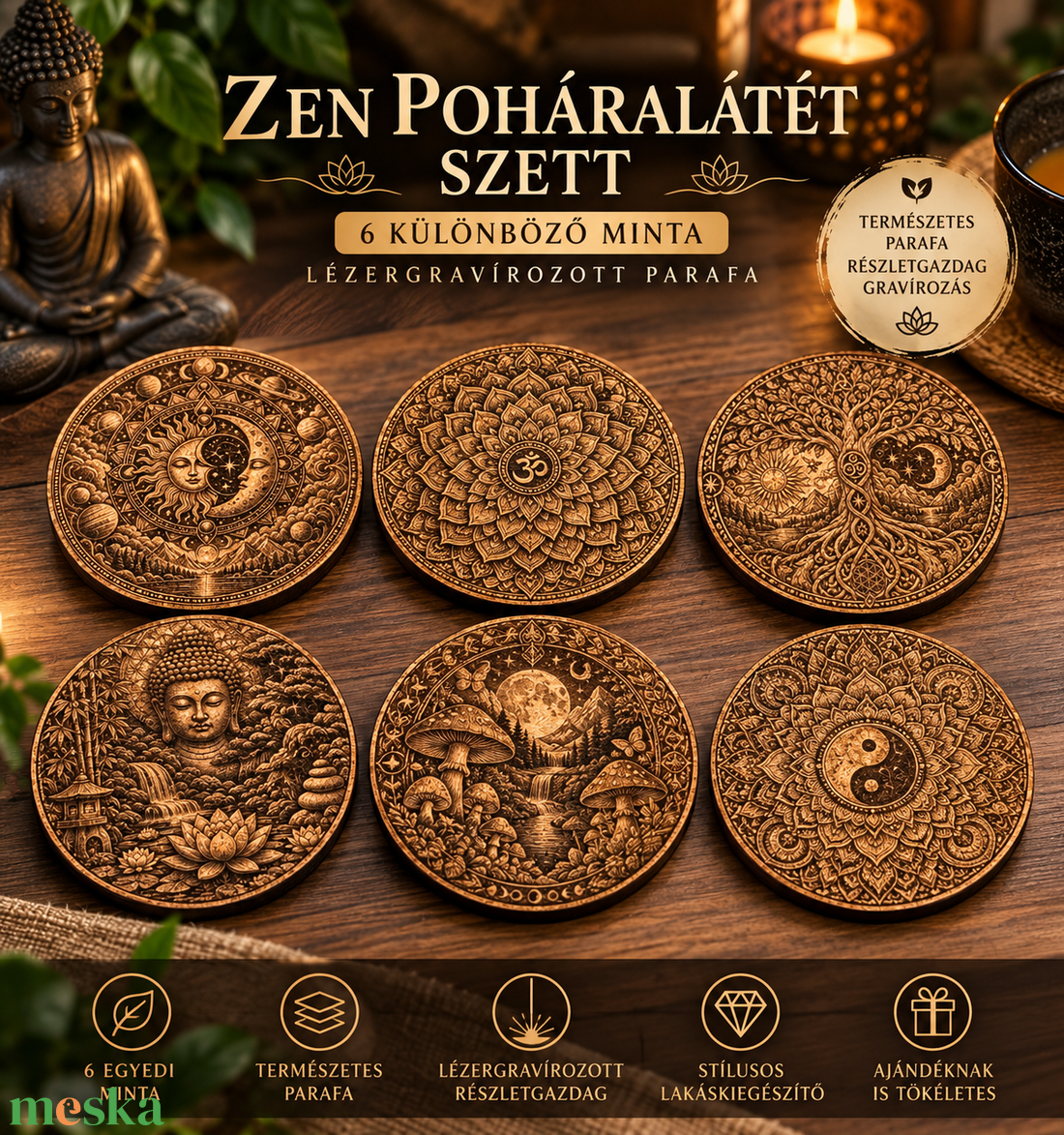 Zen poháralátét szett � 6 db lézergravírozott parafa alátét, Buddha és mandala mintákkal - otthon & életmód - konyhafelszerelés, tálalás - tálalás - tányér- és poháralátét - Meska.hu