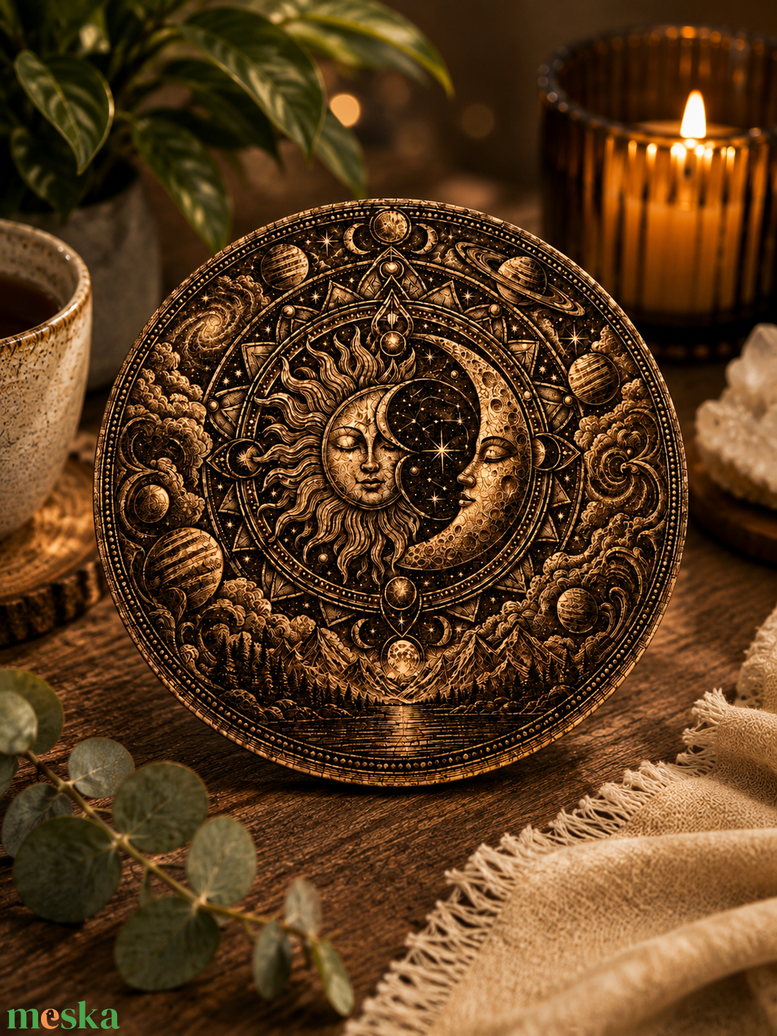Zen poháralátét szett � 6 db lézergravírozott parafa alátét, Buddha és mandala mintákkal - otthon & életmód - konyhafelszerelés, tálalás - tálalás - tányér- és poháralátét - Meska.hu