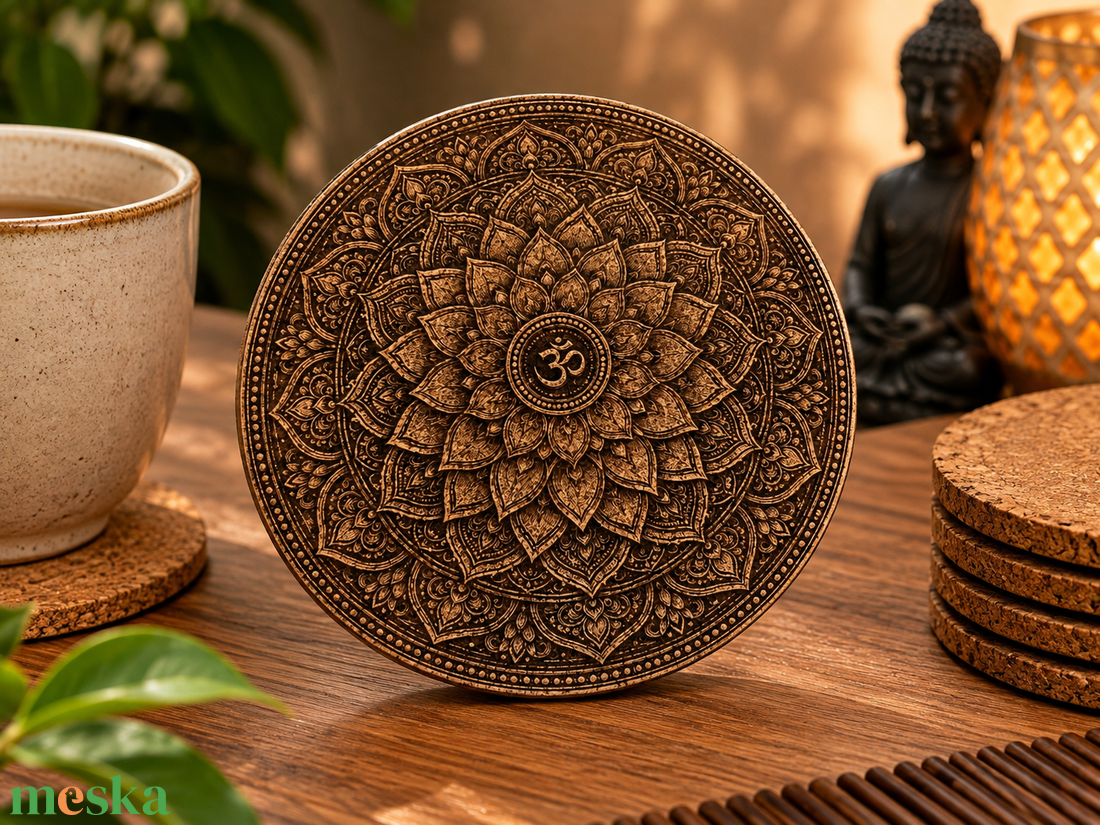 Zen poháralátét szett � 6 db lézergravírozott parafa alátét, Buddha és mandala mintákkal - otthon & életmód - konyhafelszerelés, tálalás - tálalás - tányér- és poháralátét - Meska.hu