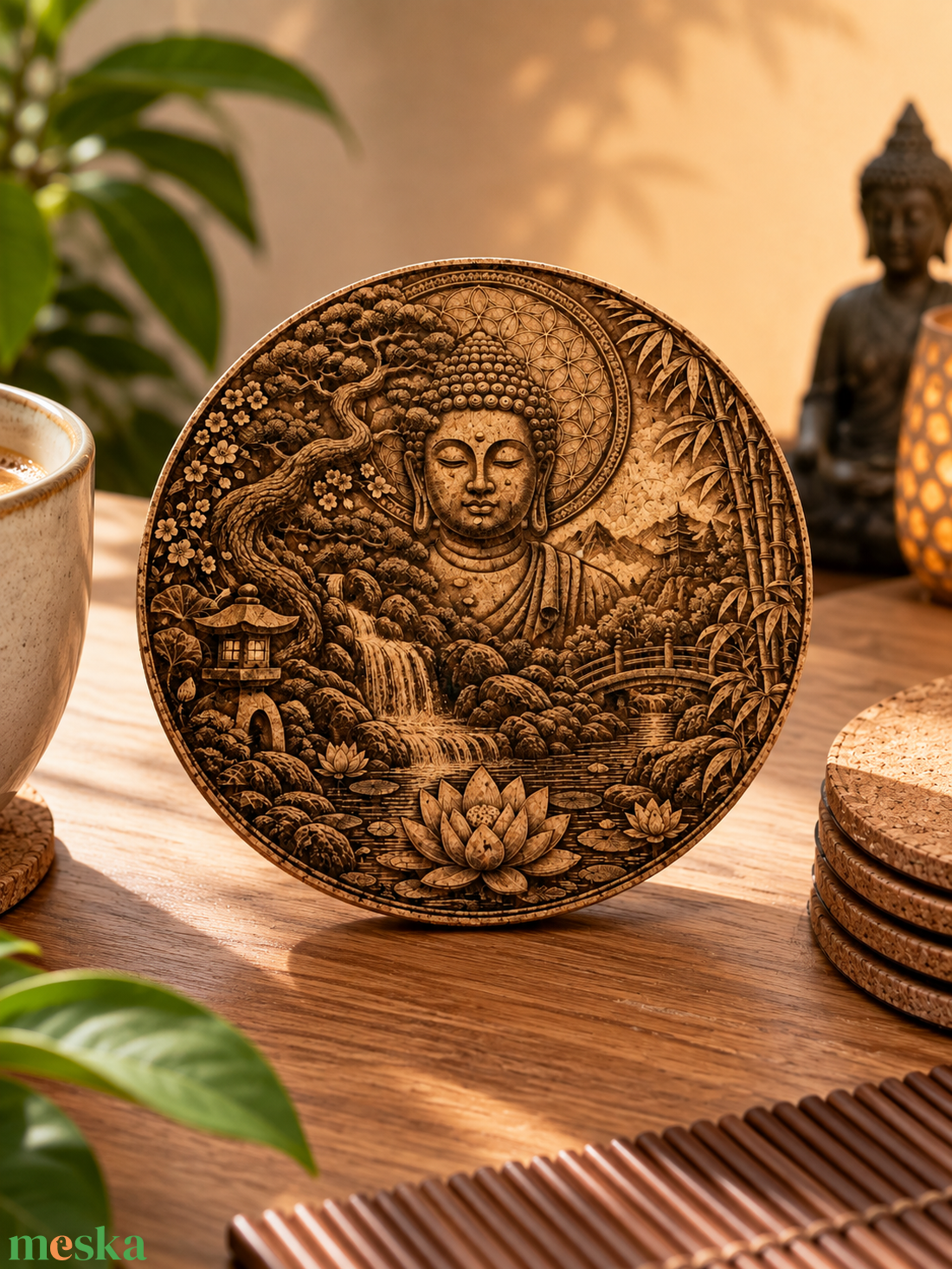 Zen poháralátét szett � 6 db lézergravírozott parafa alátét, Buddha és mandala mintákkal - otthon & életmód - konyhafelszerelés, tálalás - tálalás - tányér- és poháralátét - Meska.hu