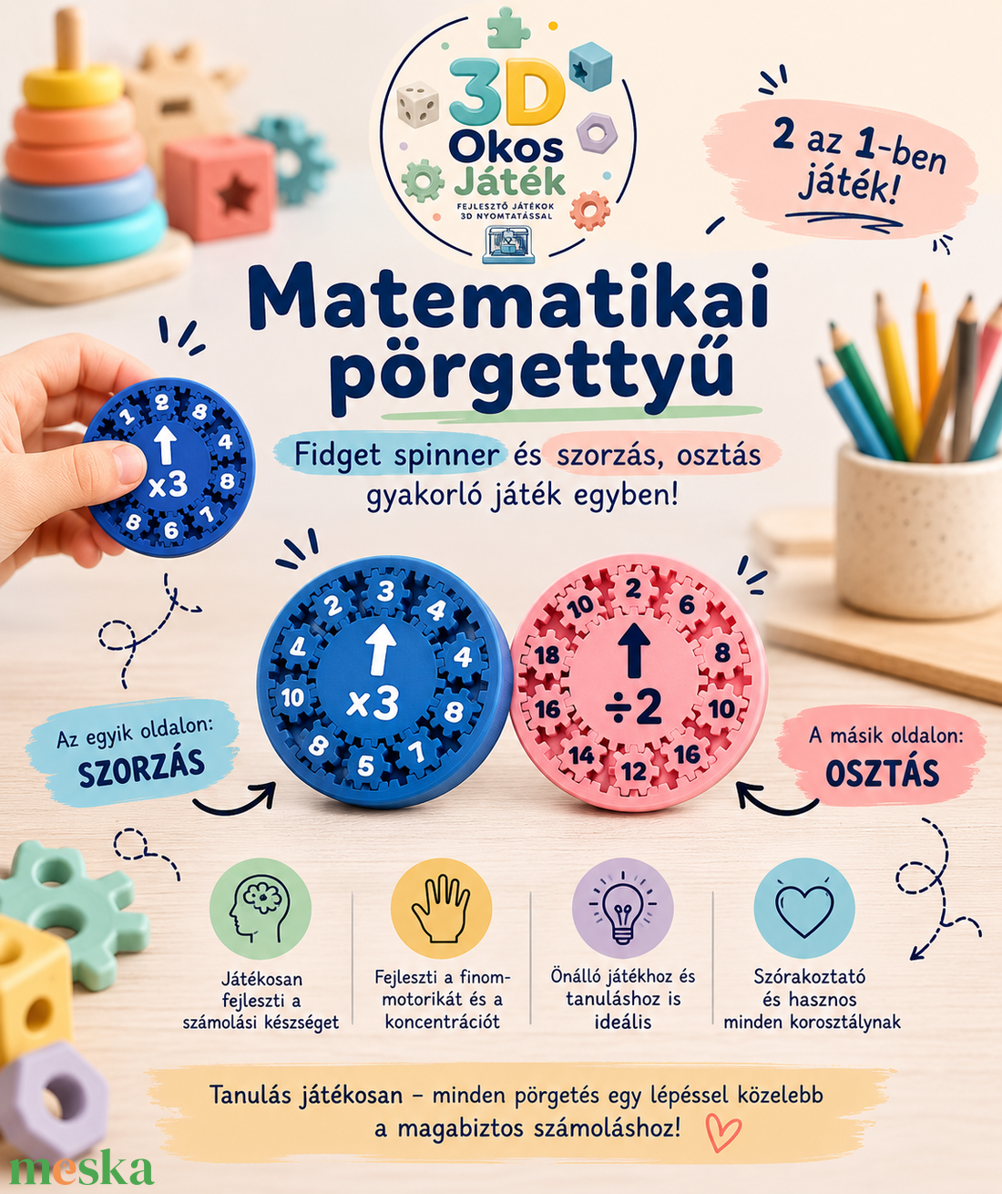 Matematikai pörgettyű: Fidget spinner és szorzás, osztás gyakorló játék - játék & sport - készségfejlesztő és logikai játék - oktató játékok - Meska.hu