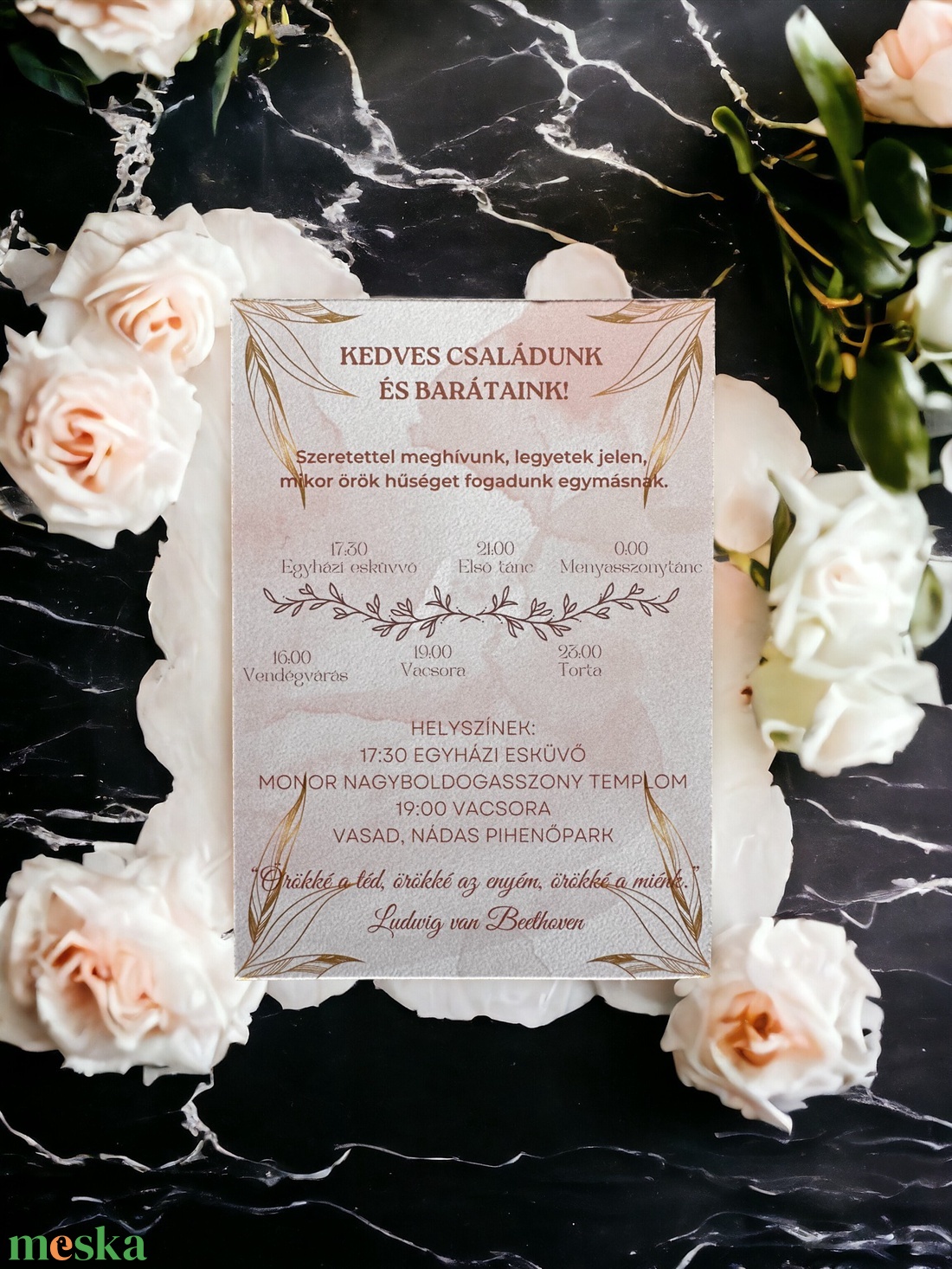 Beige Esküvői Meghívó, arany Esküvői Meghívó, elegáns Esküvői Meghívó, kétoldalas esküvői meghívó - NRML-0006 - esküvő - meghívó & kártya - meghívó - Meska.hu