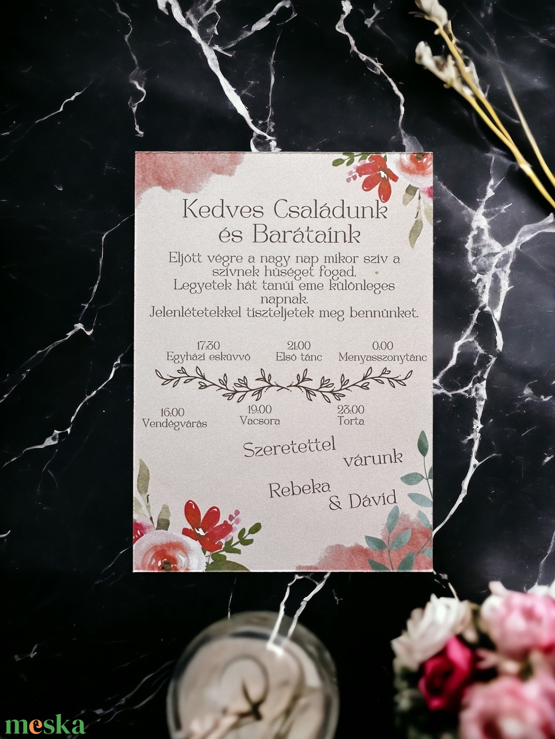 Rózsaszín Esküvői Meghívó, virágos Esküvői Meghívó, elegáns Esküvői Meghívókétoldalas esküvői meghívó - NRML-0010 - esküvő - meghívó & kártya - meghívó - Meska.hu