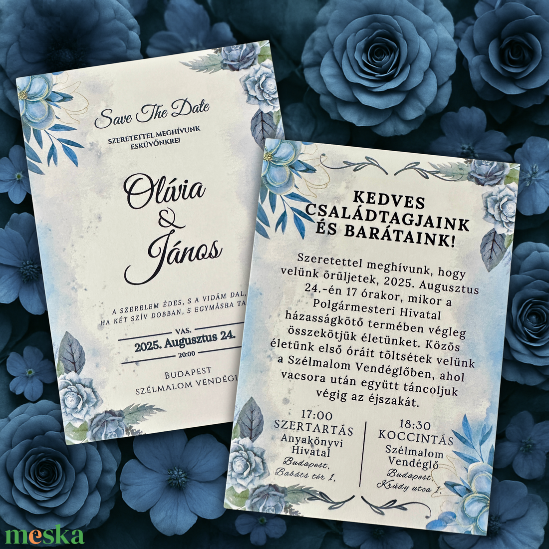 Kék Rózsás Esküvői Meghívó  Klasszikus és Elegáns Vintage Stílus - esküvő - meghívó & kártya - meghívó - Meska.hu