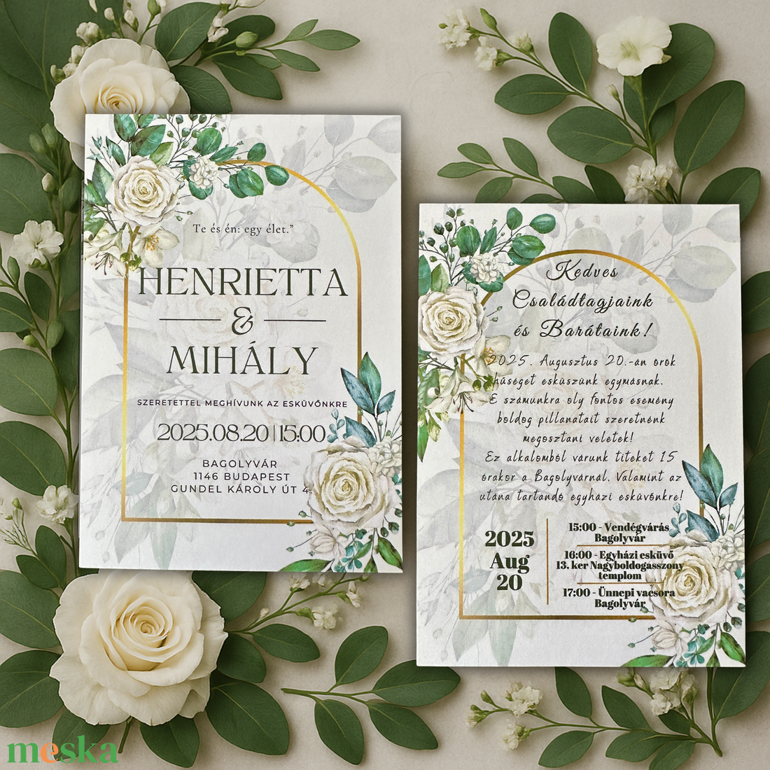 Fehér Rózsás Aranyív Esküvői Meghívó  Elegáns és Természetes Stílus - esküvő - meghívó & kártya - meghívó - Meska.hu