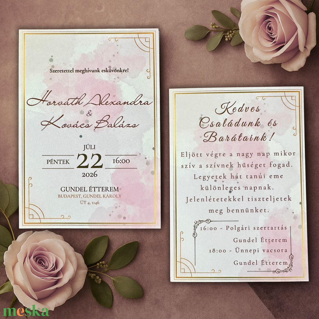 Rózsaszín Aquarell Elegáns Esküvői Meghívó - esküvő - meghívó & kártya - meghívó - Meska.hu