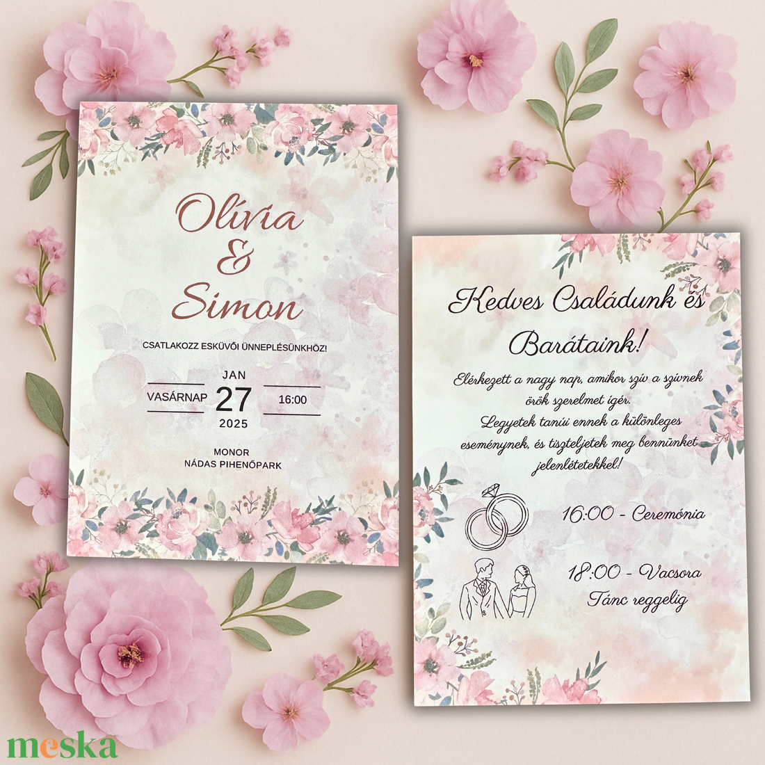 Pasztell virágos akvarell esküvői meghívó romantikus stílusban - esküvő - meghívó & kártya - meghívó - Meska.hu