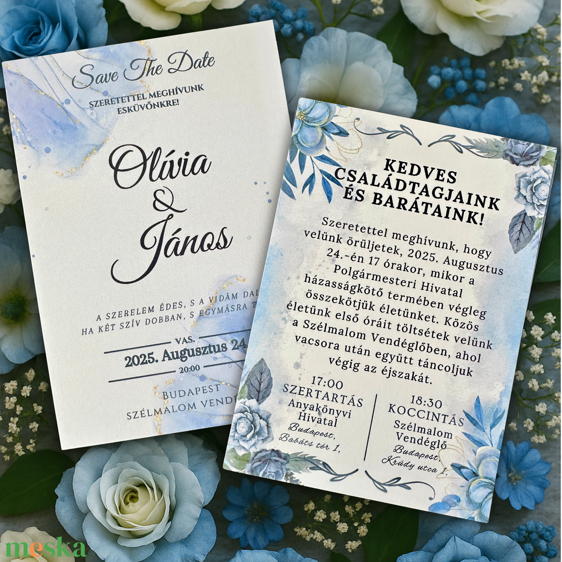 Kék aranyos akvarell esküvői meghívó elegáns hangulatban - esküvő - meghívó & kártya - meghívó - Meska.hu