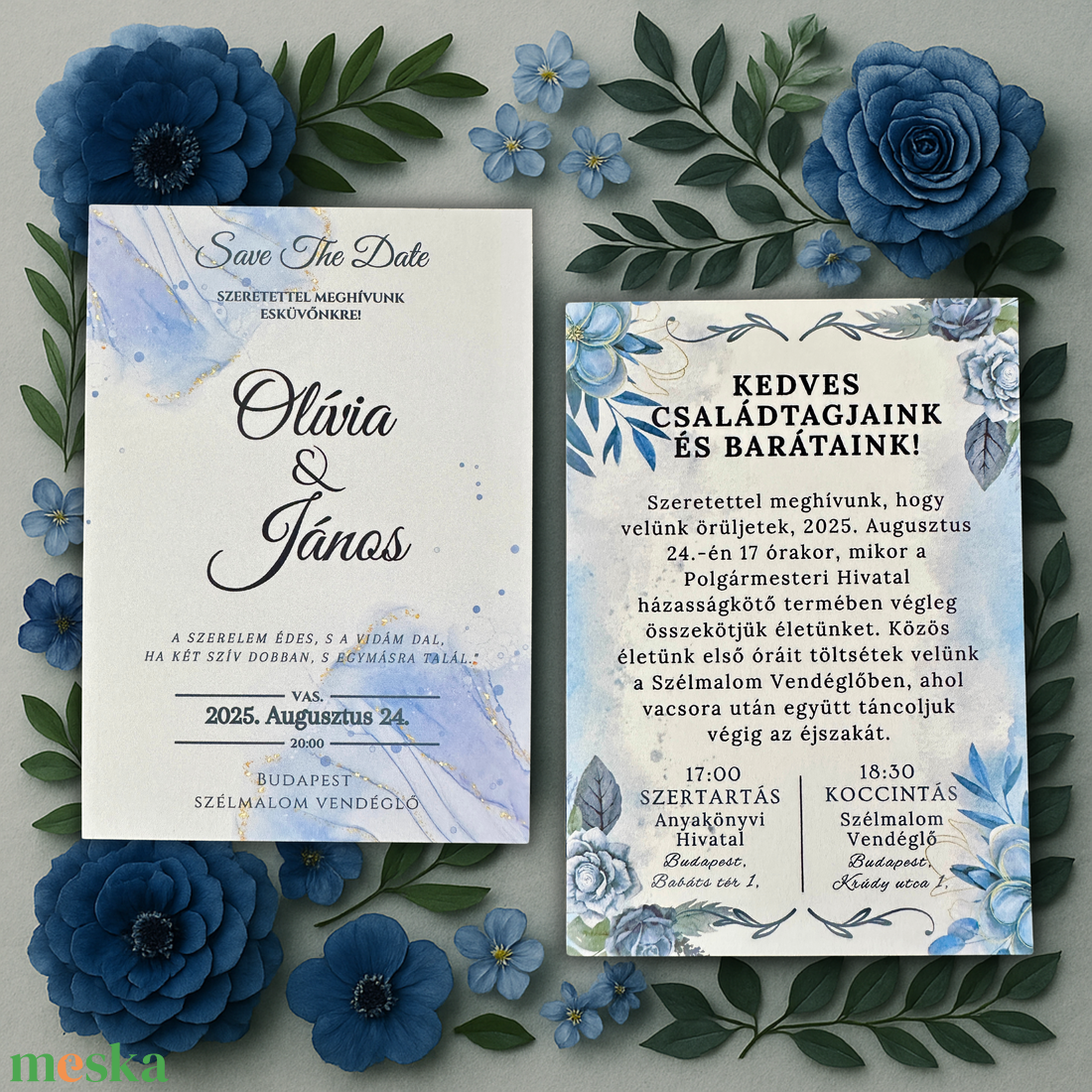 Kék aranyos akvarell esküvői meghívó elegáns hangulatban - esküvő - meghívó & kártya - meghívó - Meska.hu