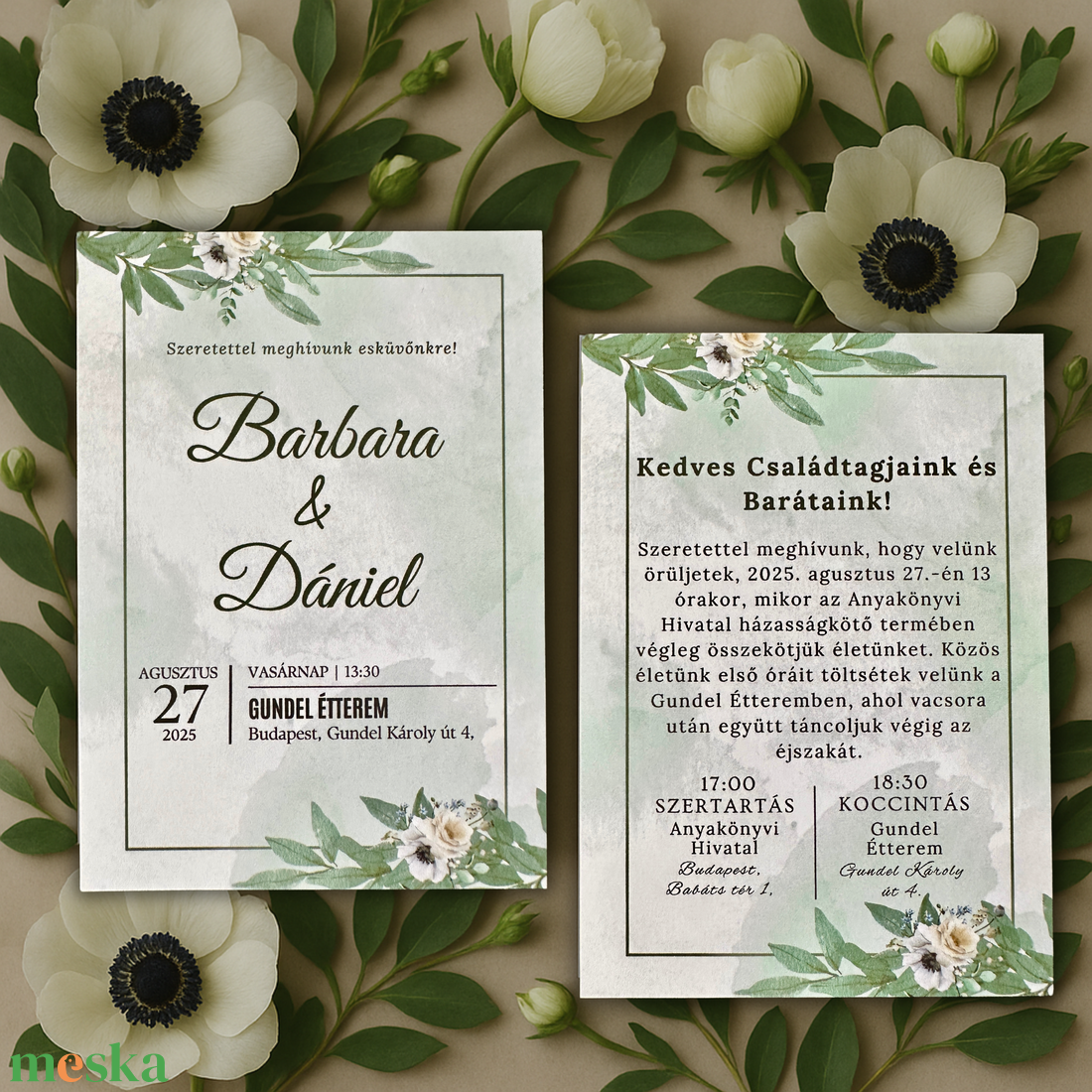Fehér virágos zöld esküvői meghívó természet ihlette stílusban - esküvő - meghívó & kártya - meghívó - Meska.hu