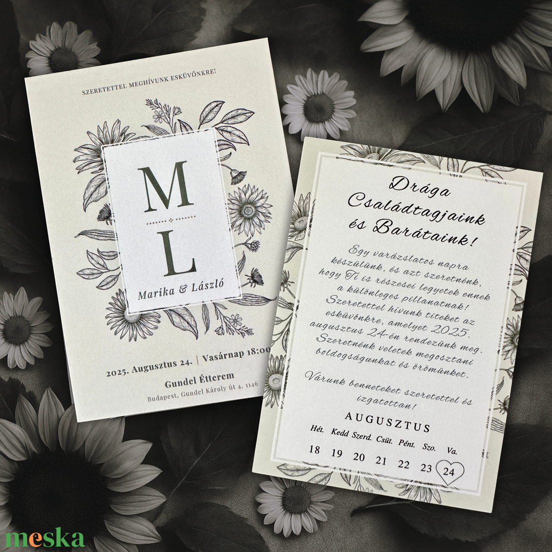 Grafit napraforgós vintage esküvői meghívó természetes stílusban - esküvő - meghívó & kártya - meghívó - Meska.hu