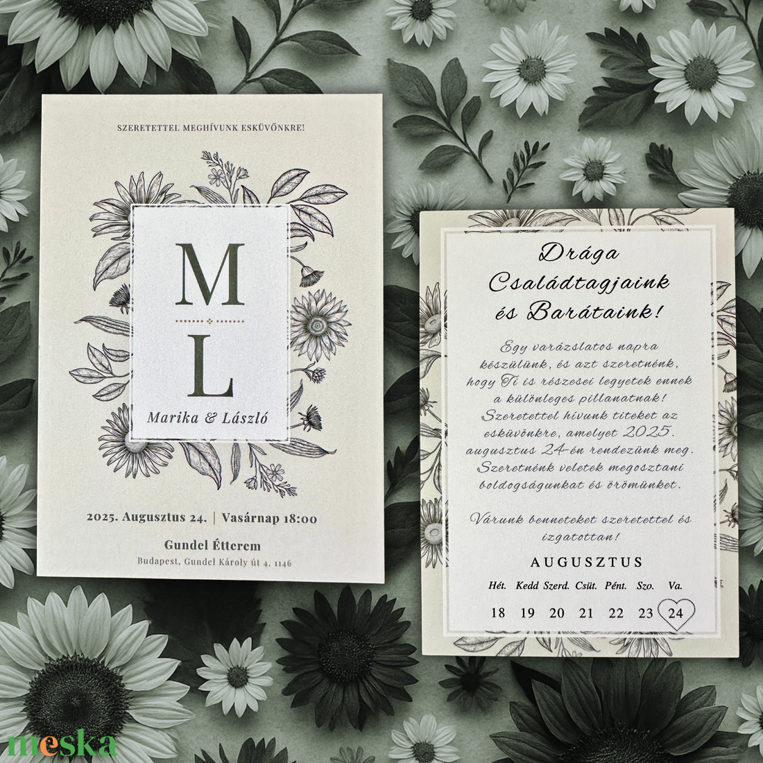 Grafit napraforgós vintage esküvői meghívó természetes stílusban - esküvő - meghívó & kártya - meghívó - Meska.hu