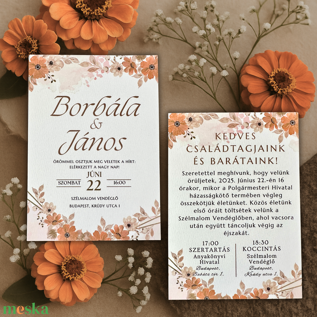 Narancs virágos nyári esküvői meghívó barátságos stílusban - esküvő - meghívó & kártya - meghívó - Meska.hu