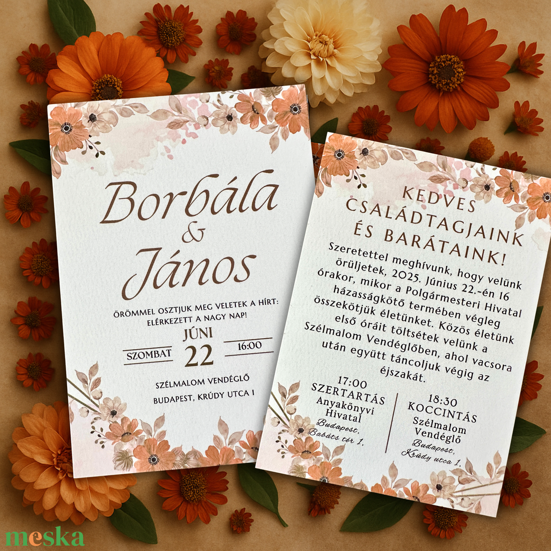 Narancs virágos nyári esküvői meghívó barátságos stílusban - esküvő - meghívó & kártya - meghívó - Meska.hu