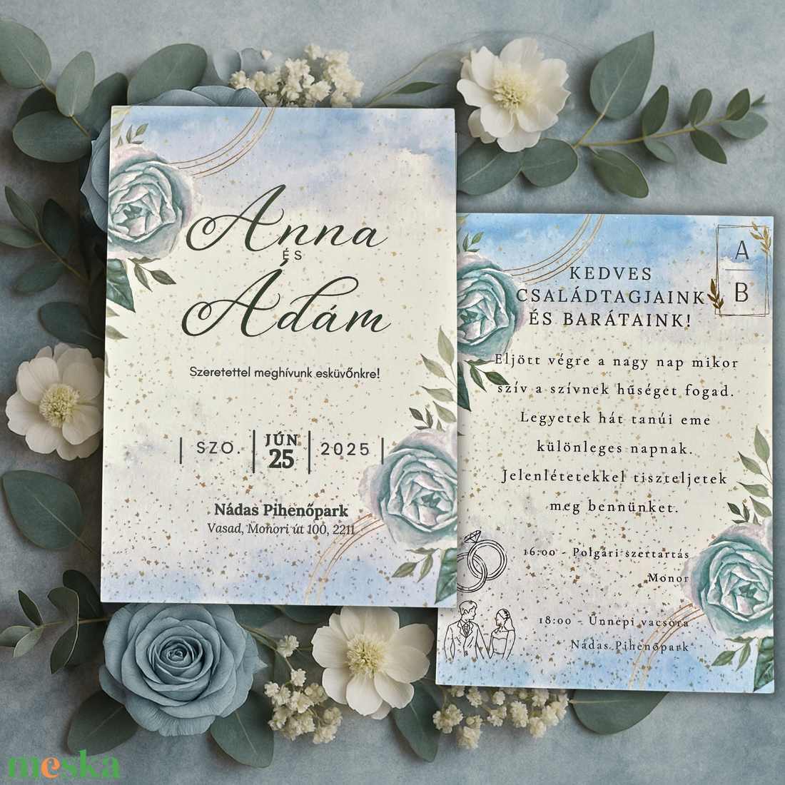 Kék rózsás esküvői meghívó arany pöttyökkel és pasztell háttéren - esküvő - meghívó & kártya - meghívó - Meska.hu