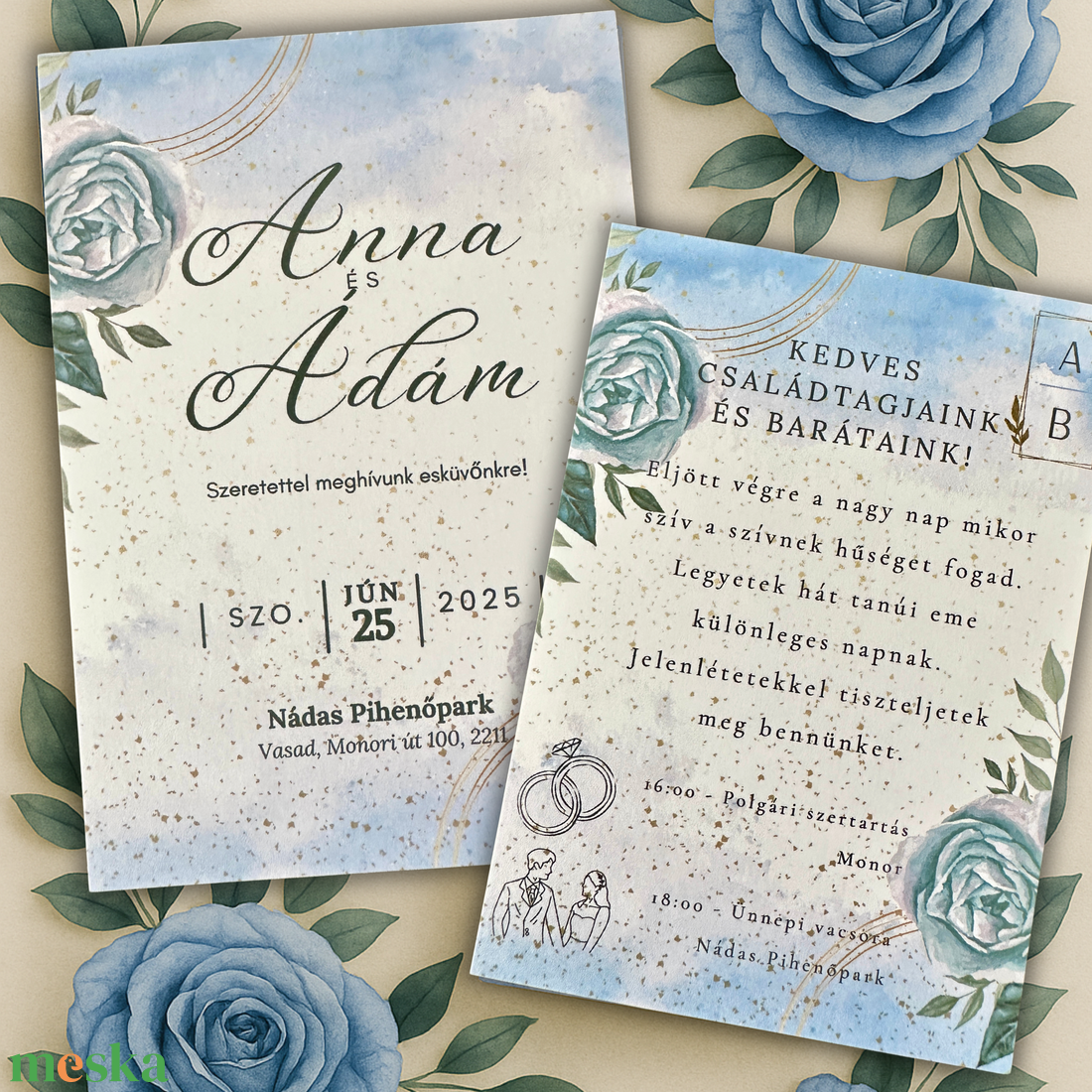 Kék rózsás esküvői meghívó arany pöttyökkel és pasztell háttéren - esküvő - meghívó & kártya - meghívó - Meska.hu