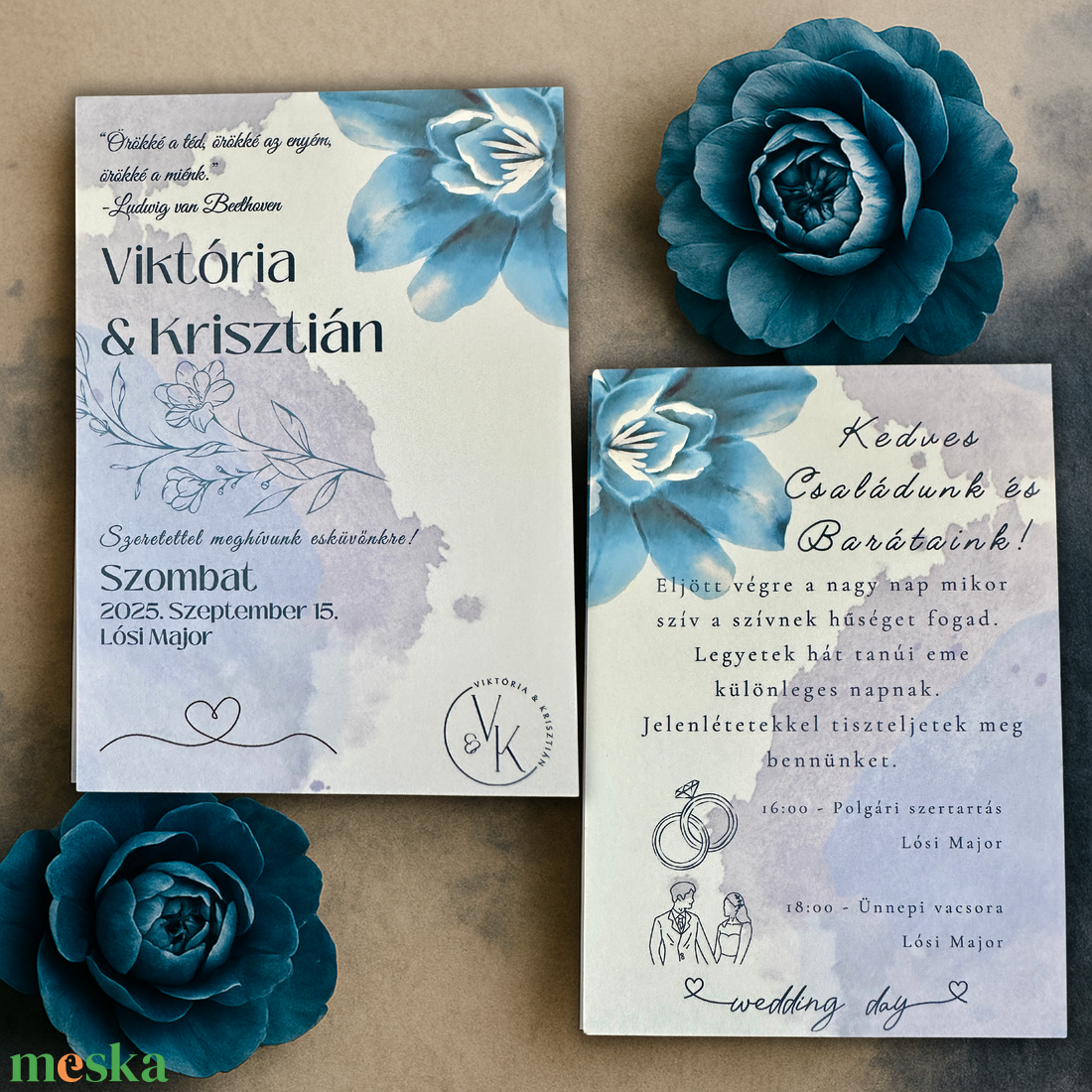 Tengerkék akvarell esküvői meghívó virágos motívummal - esküvő - meghívó & kártya - meghívó - Meska.hu