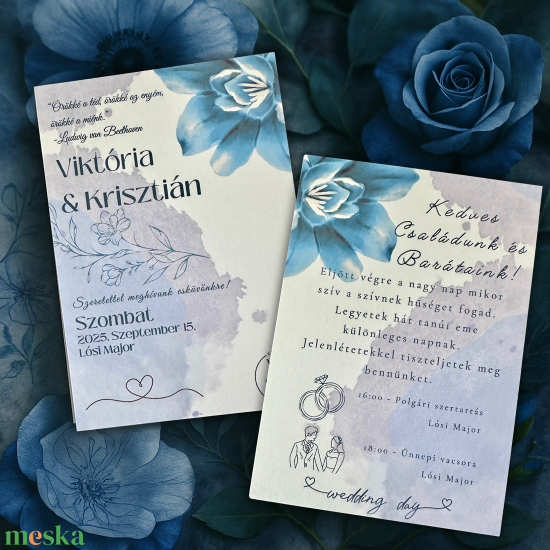Tengerkék akvarell esküvői meghívó virágos motívummal - esküvő - meghívó & kártya - meghívó - Meska.hu