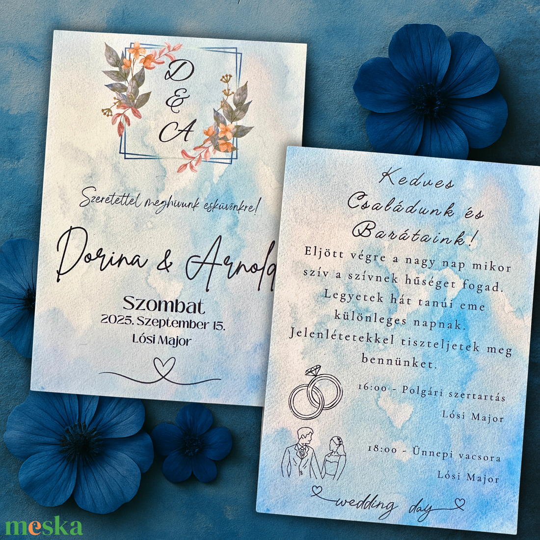 Pasztell akvarell esküvői meghívó narancs és kék virágos díszítéssel, kézműves rusztikus design természetes stílusban - esküvő - meghívó & kártya - meghívó - Meska.hu