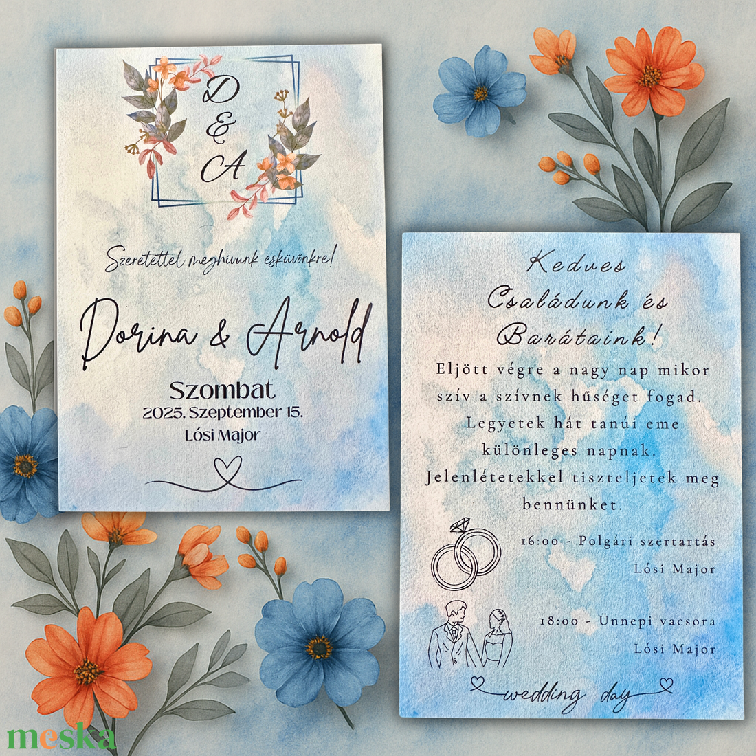 Pasztell akvarell esküvői meghívó narancs és kék virágos díszítéssel, kézműves rusztikus design természetes stílusban - esküvő - meghívó & kártya - meghívó - Meska.hu