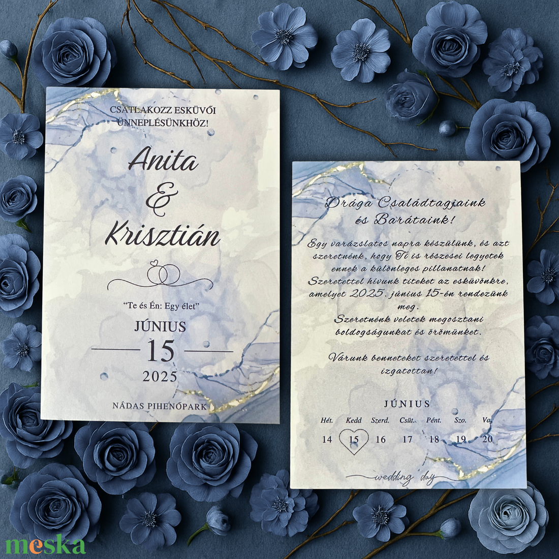 Pasztellkék akvarell esküvői meghívó arany motívumokkal, romantikus, minimalista, letisztult stílusban - esküvő - meghívó & kártya - meghívó - Meska.hu