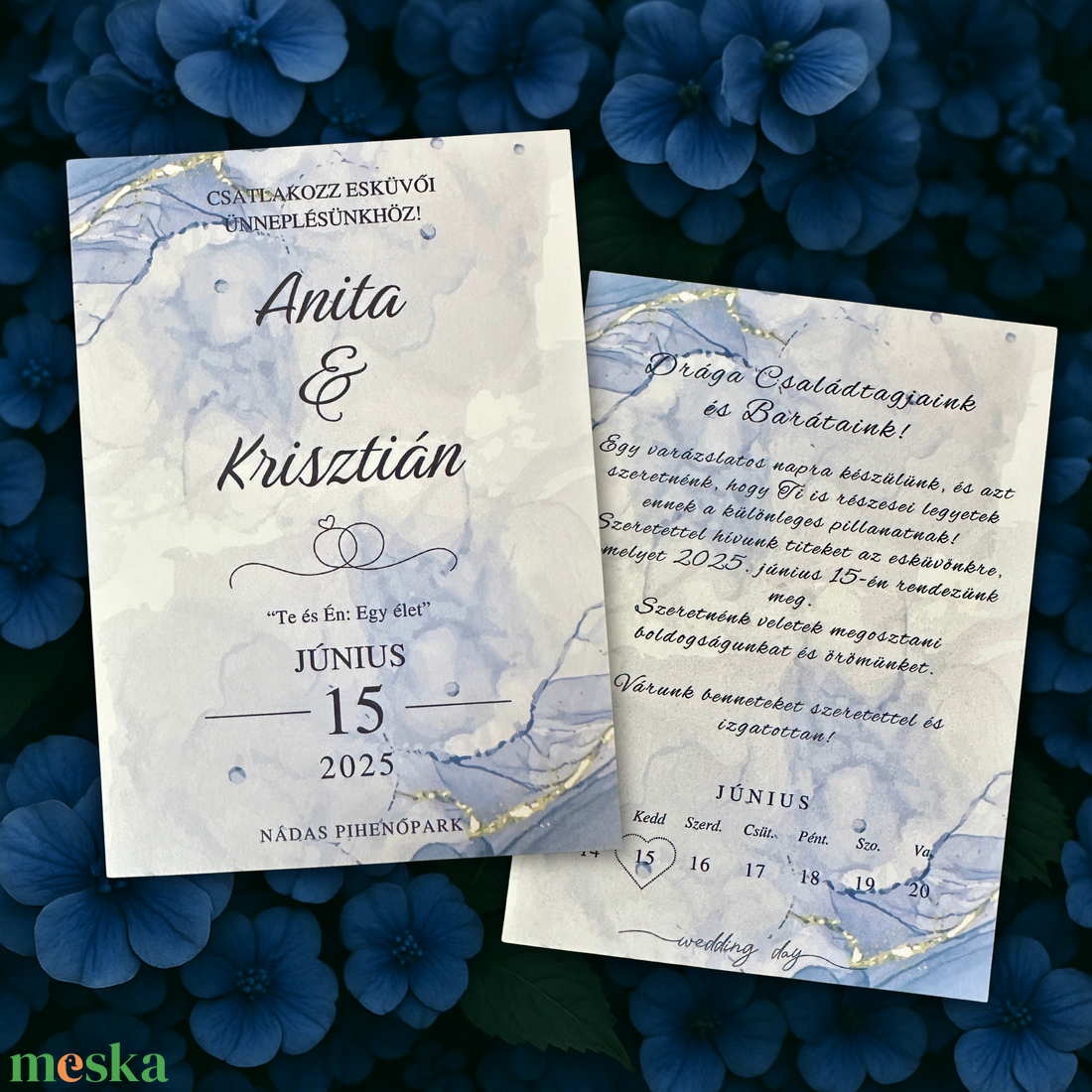 Pasztellkék akvarell esküvői meghívó arany motívumokkal, romantikus, minimalista, letisztult stílusban - esküvő - meghívó & kártya - meghívó - Meska.hu