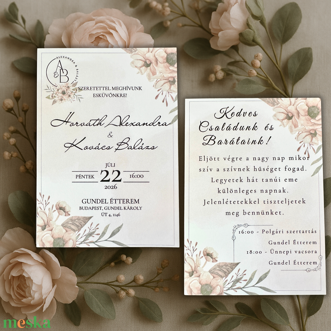 Bézs rózsás esküvői meghívó krémszín virágmintával, elegáns, letisztult designnal - esküvő - meghívó & kártya - meghívó - Meska.hu