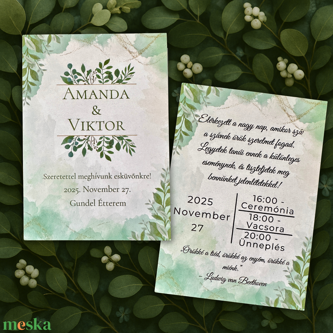 Greenery esküvői meghívó elegáns arany részletekkel és vízfestékes levélmintával - esküvő - meghívó & kártya - meghívó - Meska.hu