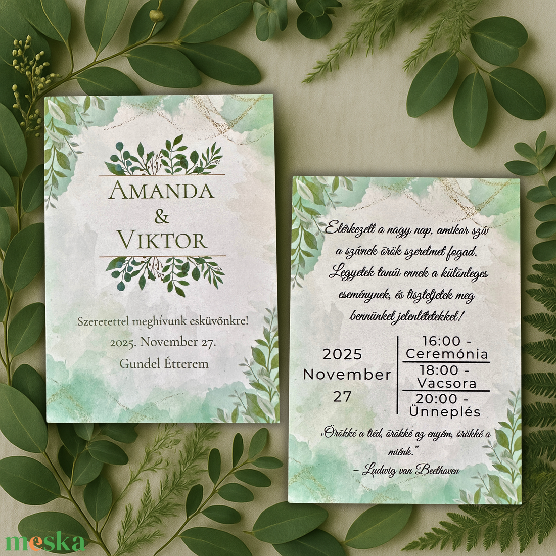Greenery esküvői meghívó elegáns arany részletekkel és vízfestékes levélmintával - esküvő - meghívó & kártya - meghívó - Meska.hu