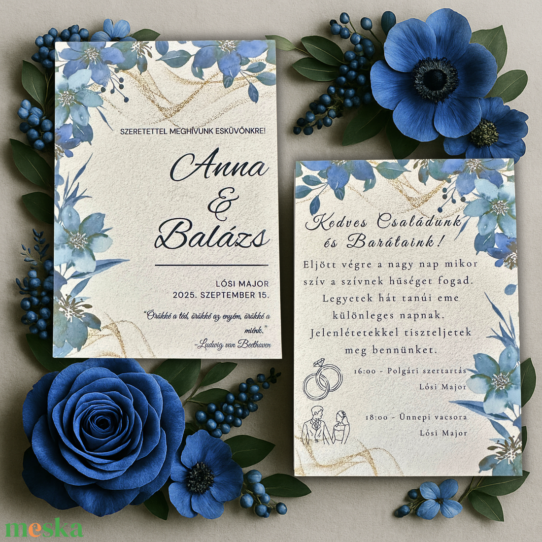 Kék arany esküvői meghívó elegáns virágmintával, vintage hatással - esküvő - meghívó & kártya - meghívó - Meska.hu