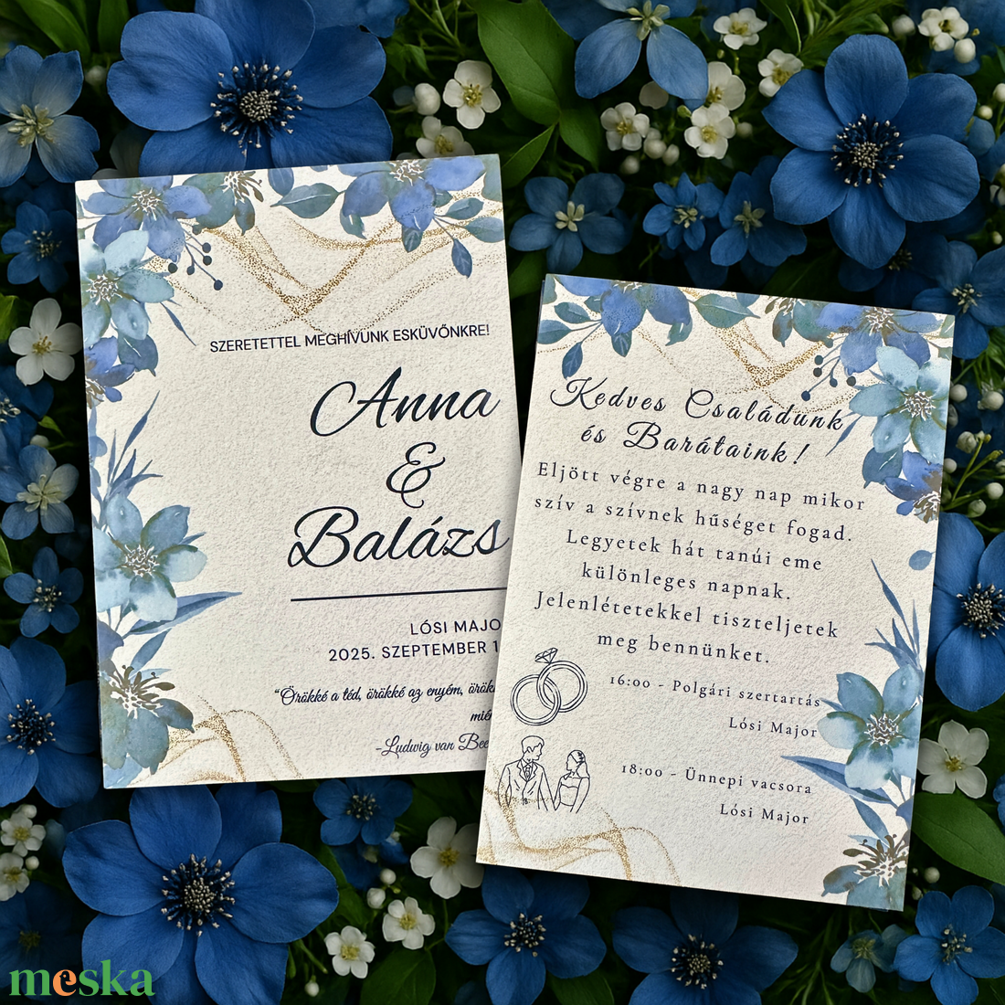 Kék arany esküvői meghívó elegáns virágmintával, vintage hatással - esküvő - meghívó & kártya - meghívó - Meska.hu