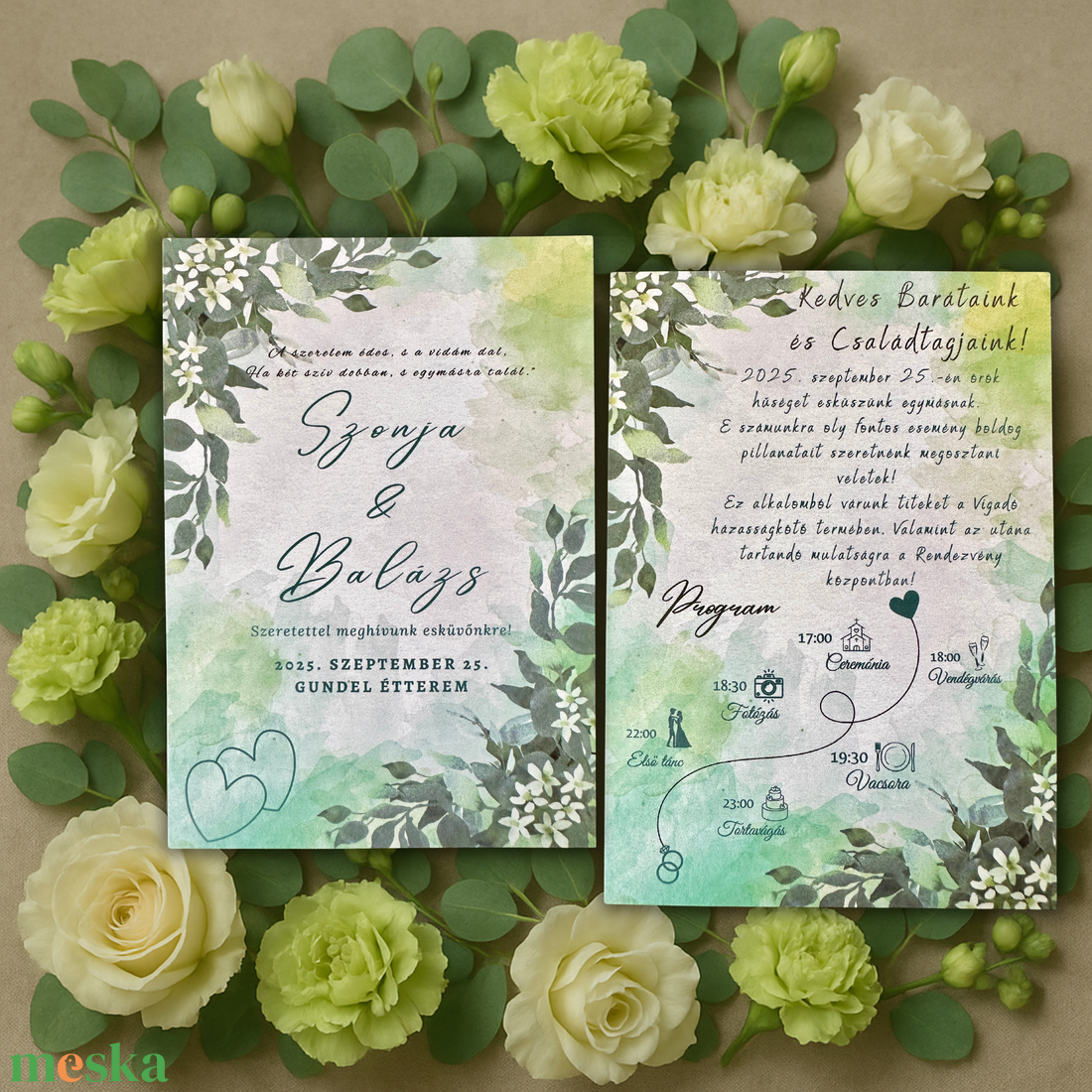 Zöld és sárga virágos esküvői meghívó, akvarell mintával, természetközeli stílusban, elegáns növénydíszítéssel - esküvő - meghívó & kártya - meghívó - Meska.hu